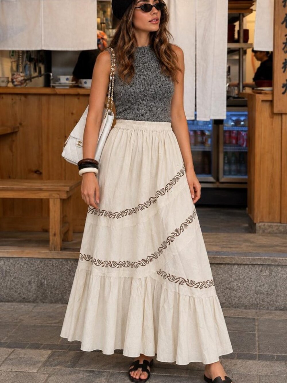 Thearah White Organic Cotton Hand Printed Maxi Skirt, Wave Border